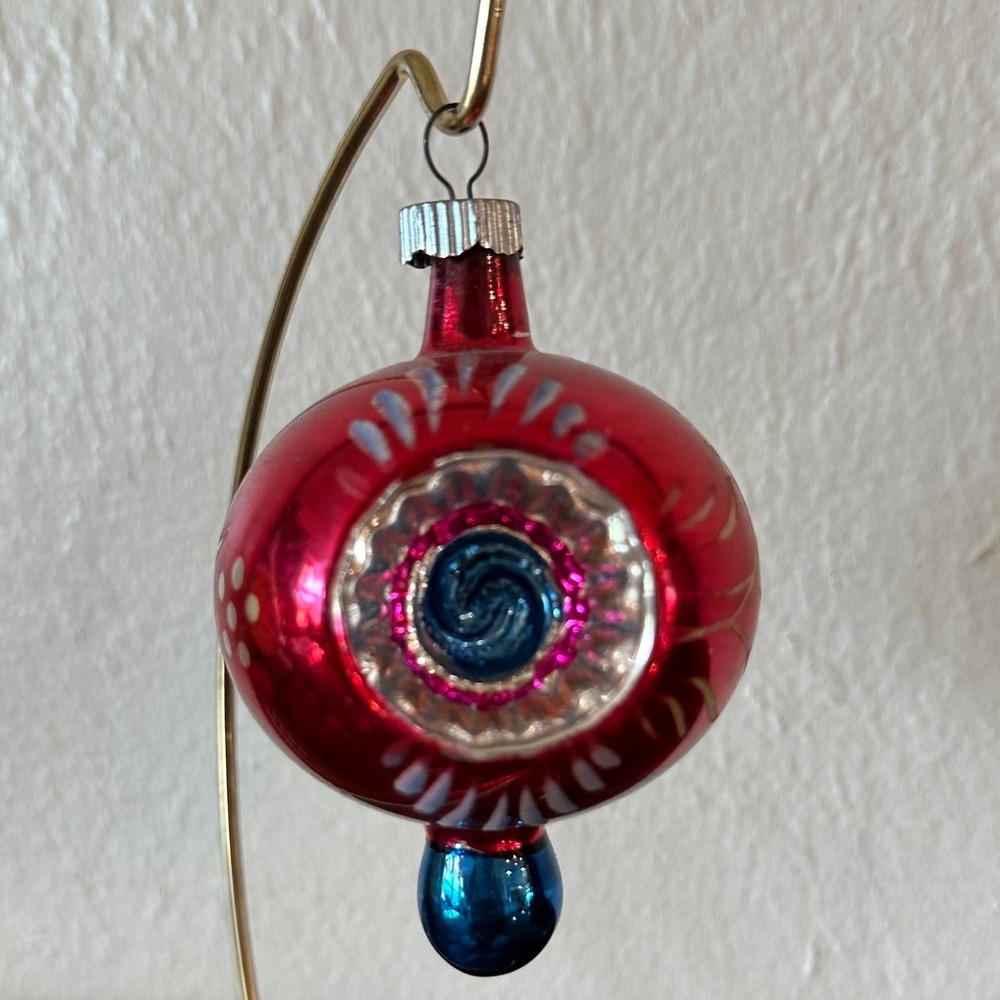 Vintage Polish Teardrop Balloon Double Indent Glass Christmas Ornament Floral